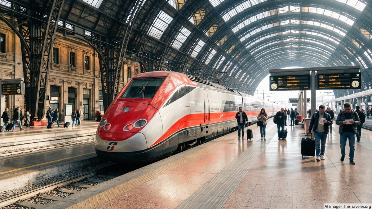 Frecciarossa high speed train at Milano Centrale with travelers on the platform.