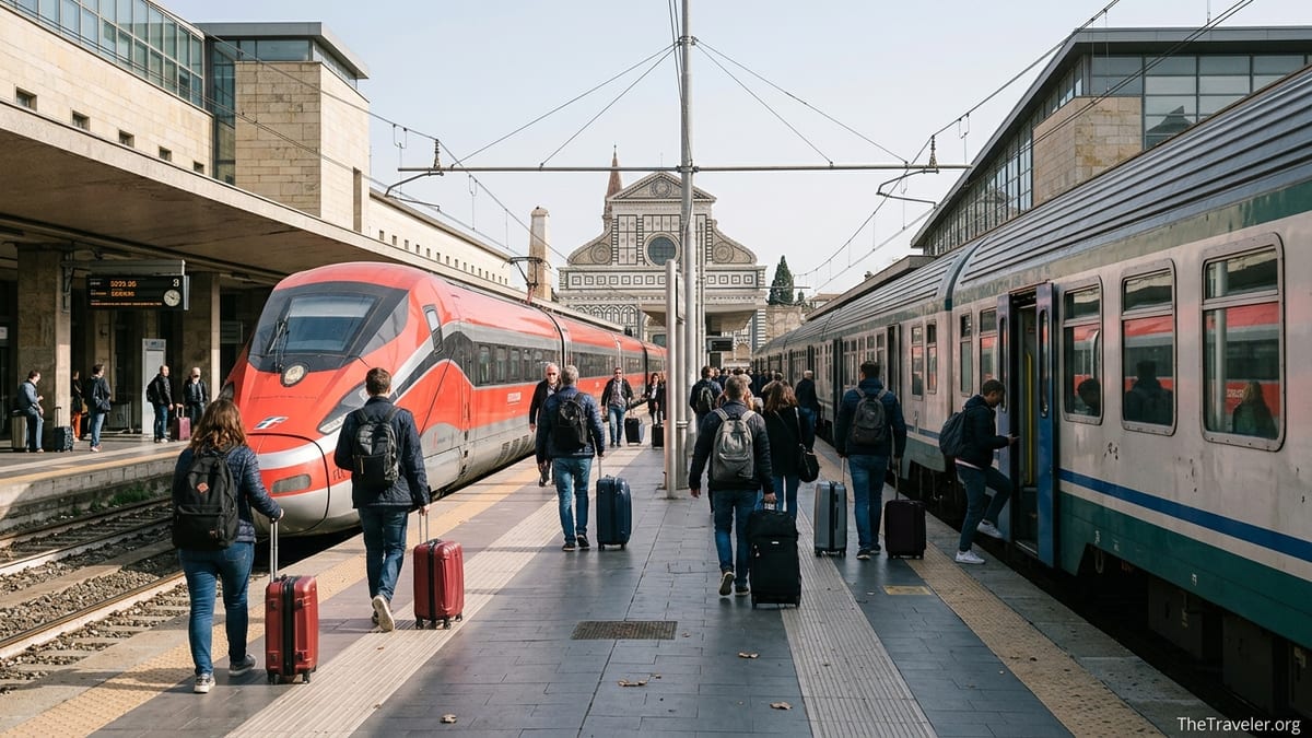 Travelers boarding high-speed and regional trains at Florence Santa Maria Novella station.