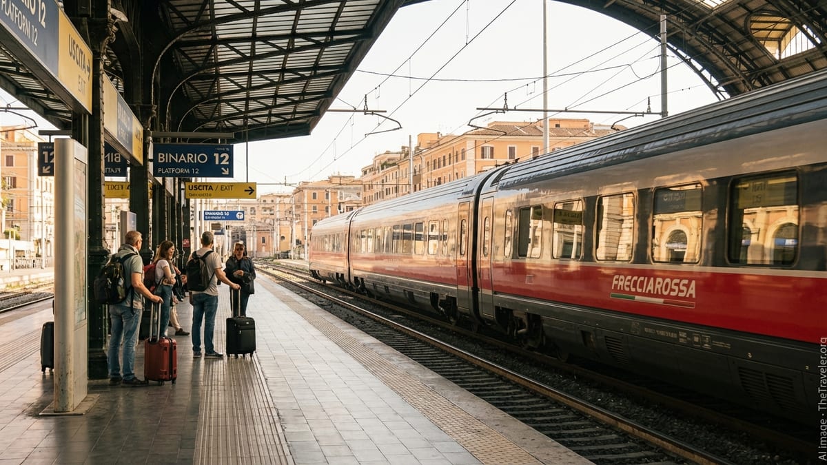 High speed train arriving at an Italian station with tourists waiting on the platform.