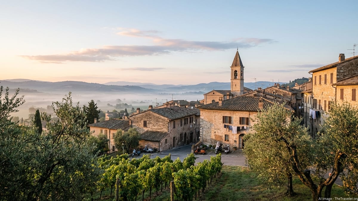 Sunrise over a quiet Umbrian hill town with vineyards and misty valleys.