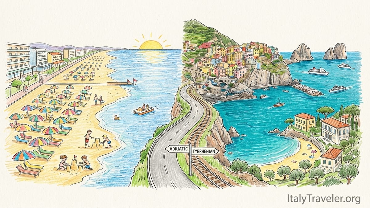 Aerial view contrasting Italy’s rugged Tyrrhenian cliffs with a long sandy Adriatic resort beach