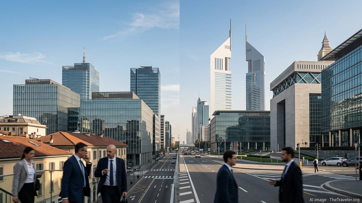 Contrasting business districts of Milan and Dubai under clear skies, symbolizing Italy and UAE tax environments.