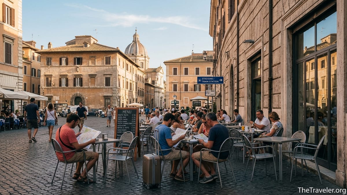 Travelers checking menus and prices in a sunlit Italian piazza with cafes and historic buildings.