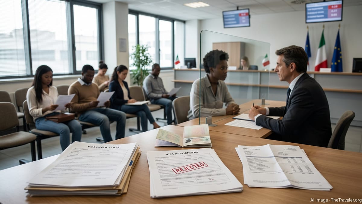 Applicants reviewing documents in an Italian consulate visa office with a rejected stamp visible on paperwork.
