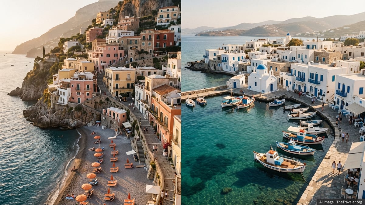 Aerial view contrasting Italy’s Amalfi Coast with a whitewashed Greek island harbor at golden hour.