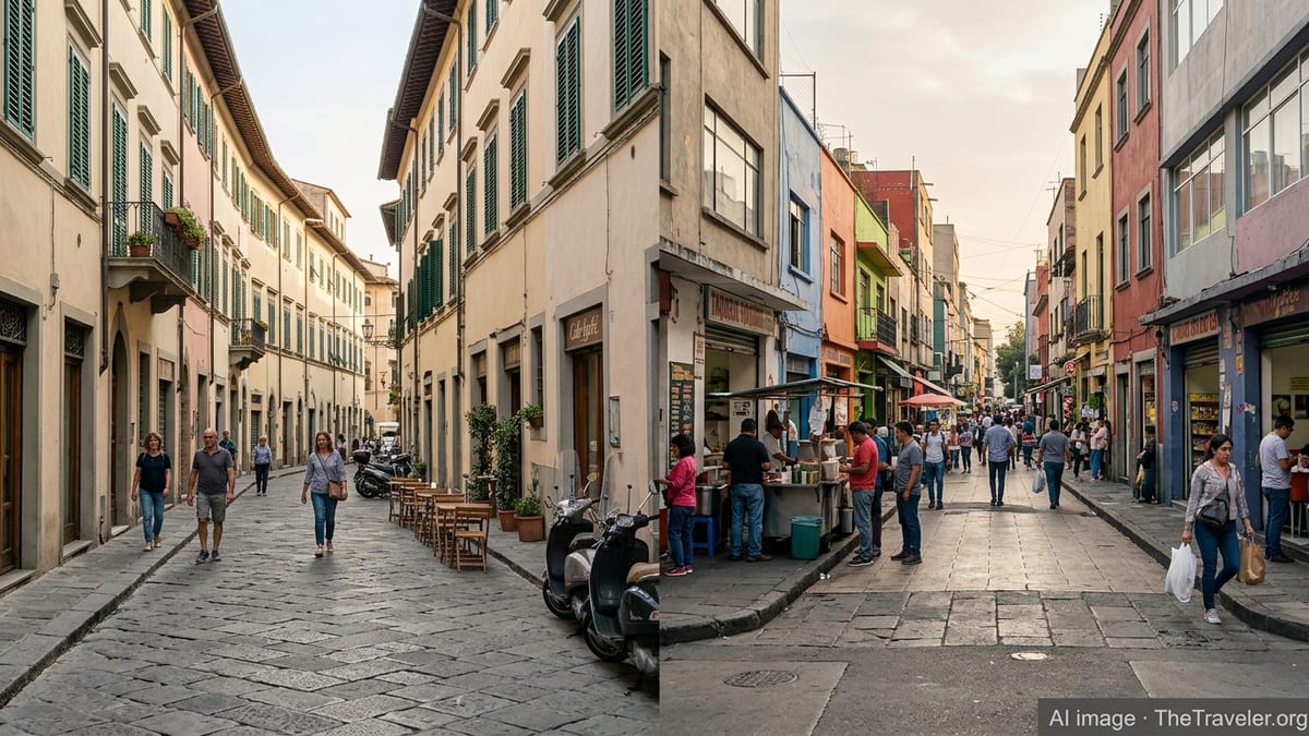 Side-by-side view of everyday streets in Italy and Mexico highlighting typical urban living costs context