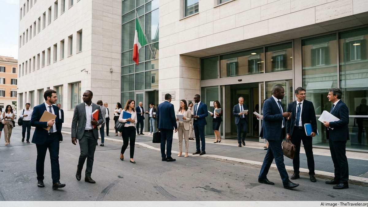 People outside an Italian government office building attending work permit and visa appointments.