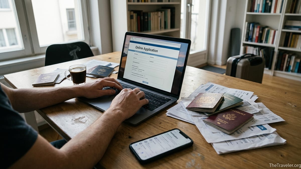 Traveler comparing online visa options at a laptop with passports and documents on a table.