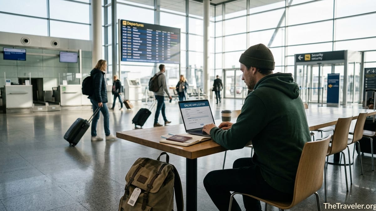 Traveler in an airport using a laptop to complete an online visa application.