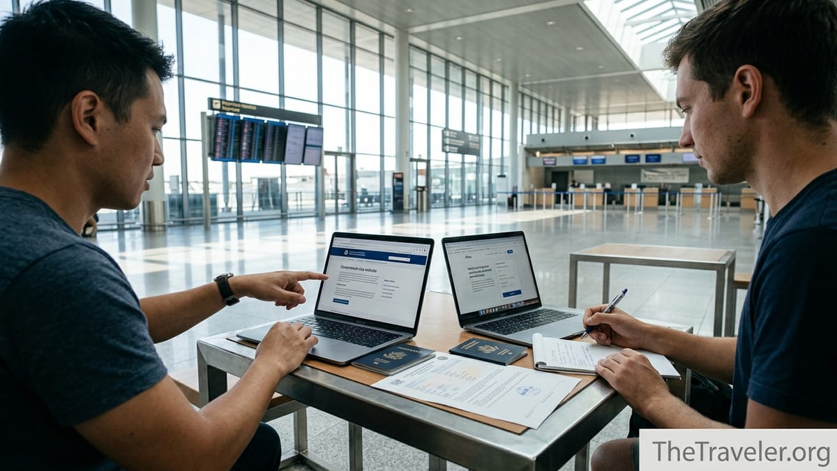 Travelers in an airport comparing online visa application options on laptops.