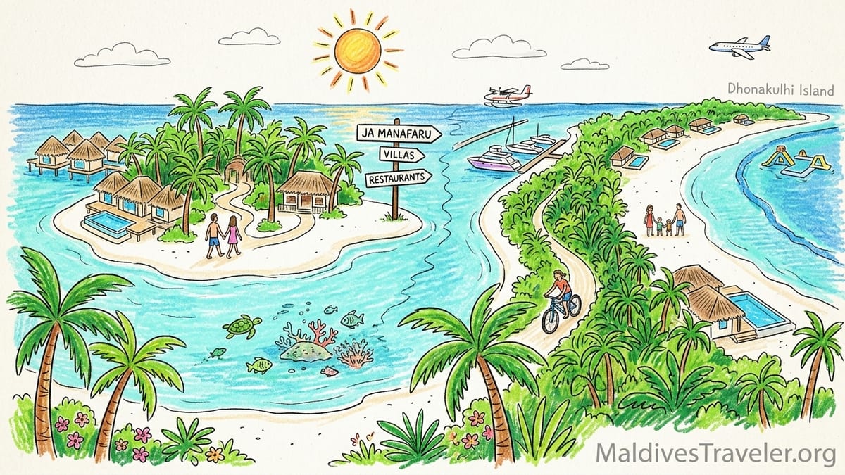 Aerial view of two lush Maldivian resort islands with beaches, reefs and overwater villas at sunset.
