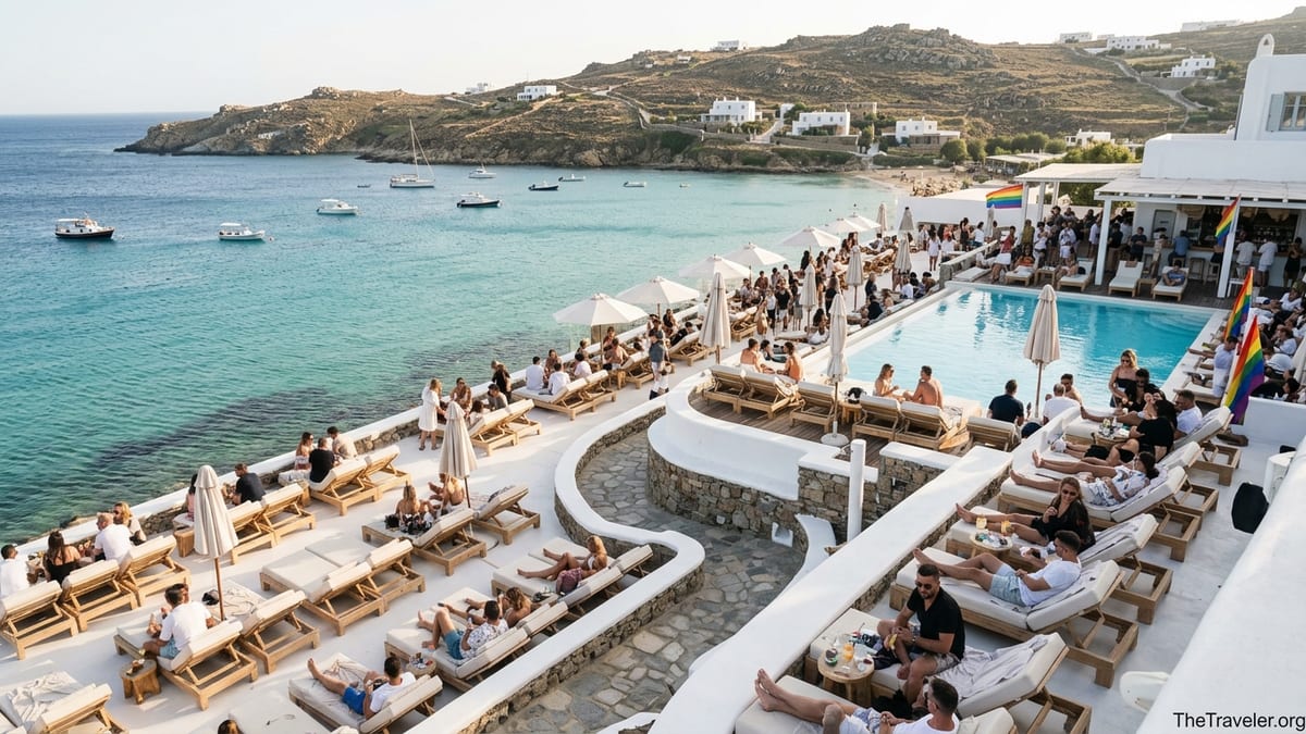 Afternoon view of Jackie O’ Beach Club above Super Paradise Bay in Mykonos with sunbeds, pool and turquoise sea.