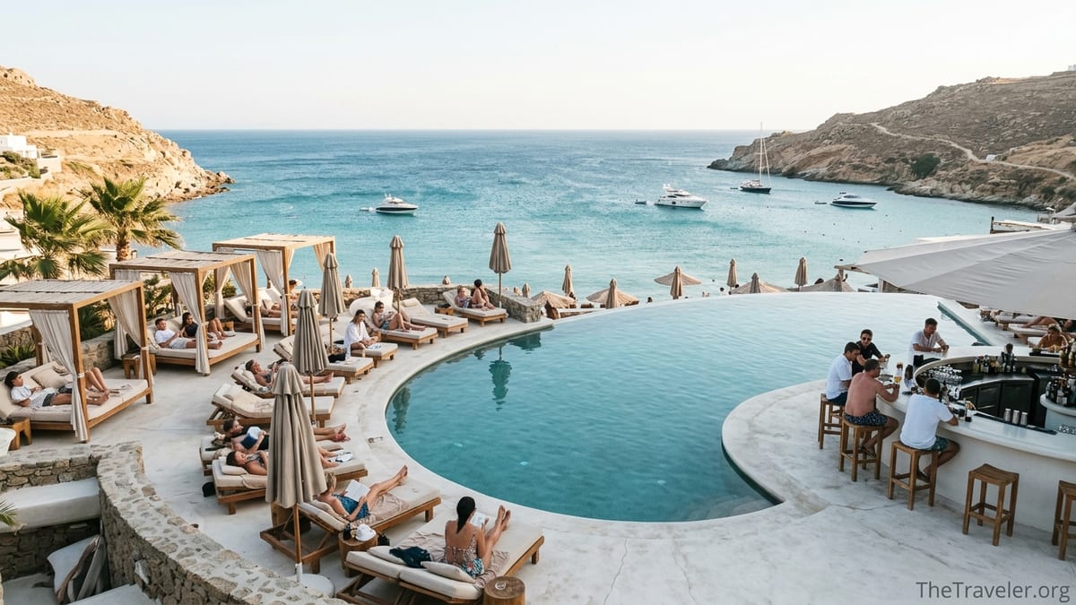 A calm afternoon view over the pool and sunbeds at Jackie O’ Beach Club above Super Paradise Bay in Mykonos.