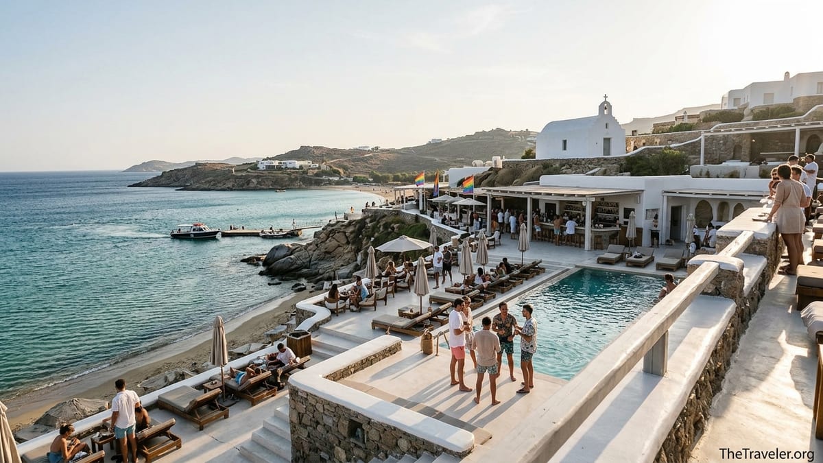 View over Jackie O’ Beach Club terraces and Super Paradise Bay at golden hour in Mykonos.