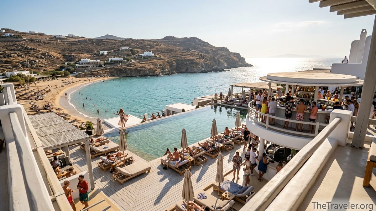 Terraced Jackie O’ Beach Club above Super Paradise Bay with pool, bar, and turquoise sea in Mykonos.