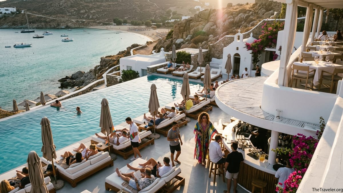 Late afternoon scene at Jackie O’ Beach Club in Mykonos overlooking Super Paradise Bay.