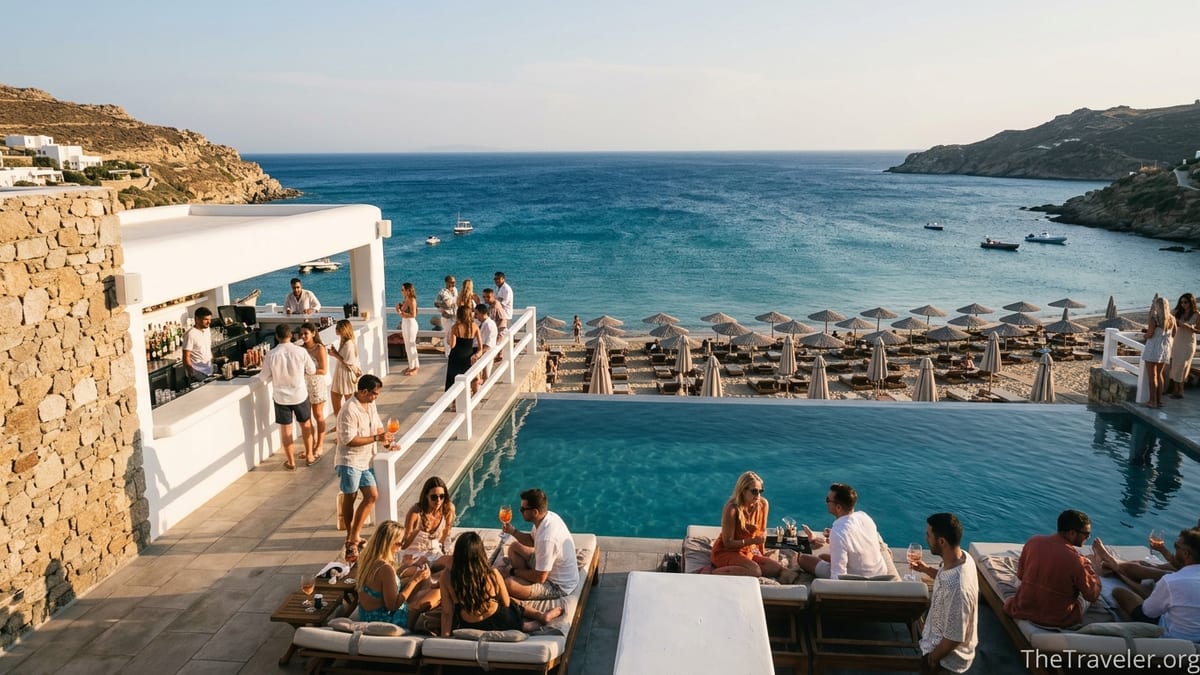 View over Jackie O’ Beach Club and Super Paradise Bay in Mykonos at golden hour.