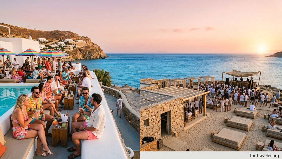 Golden hour view of two contrasting beach clubs on the Mykonos coastline overlooking the Aegean Sea.
