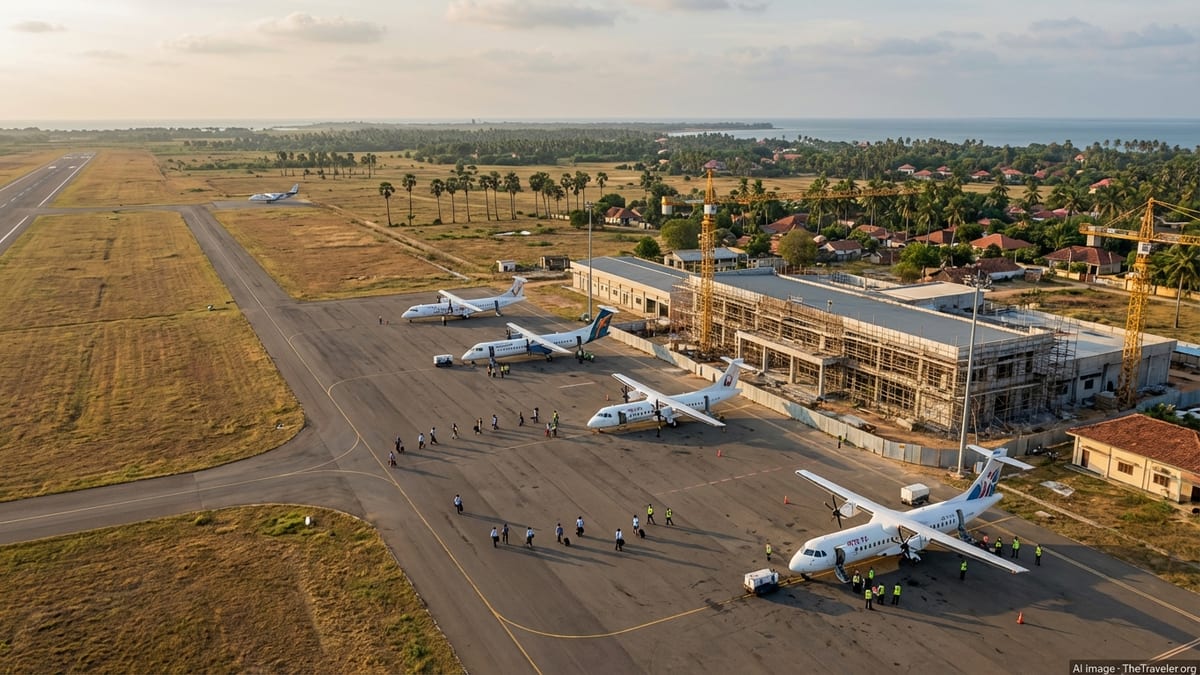 Aerial view of Jaffna International Airport with terminal expansion works and small aircraft on the runway at sunset.