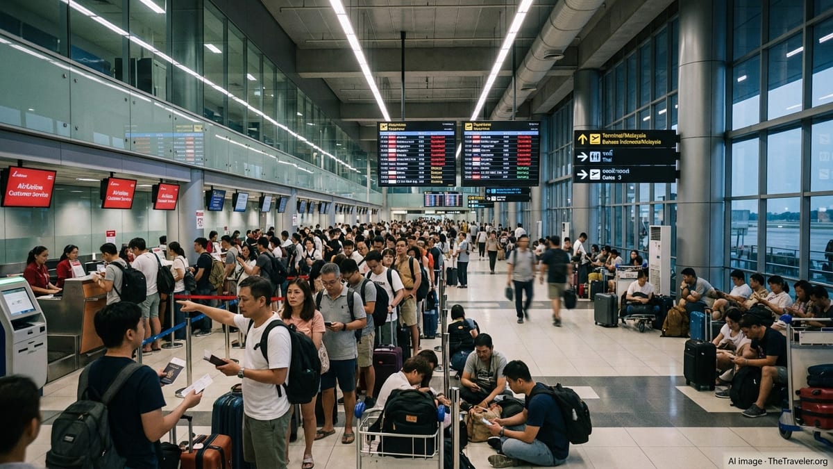 Stranded passengers crowd a Southeast Asian airport terminal under screens showing multiple cancelled flights.