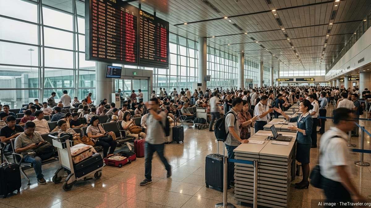 Crowded Southeast Asian airport terminal with passengers under boards showing many delayed and cancelled flights.