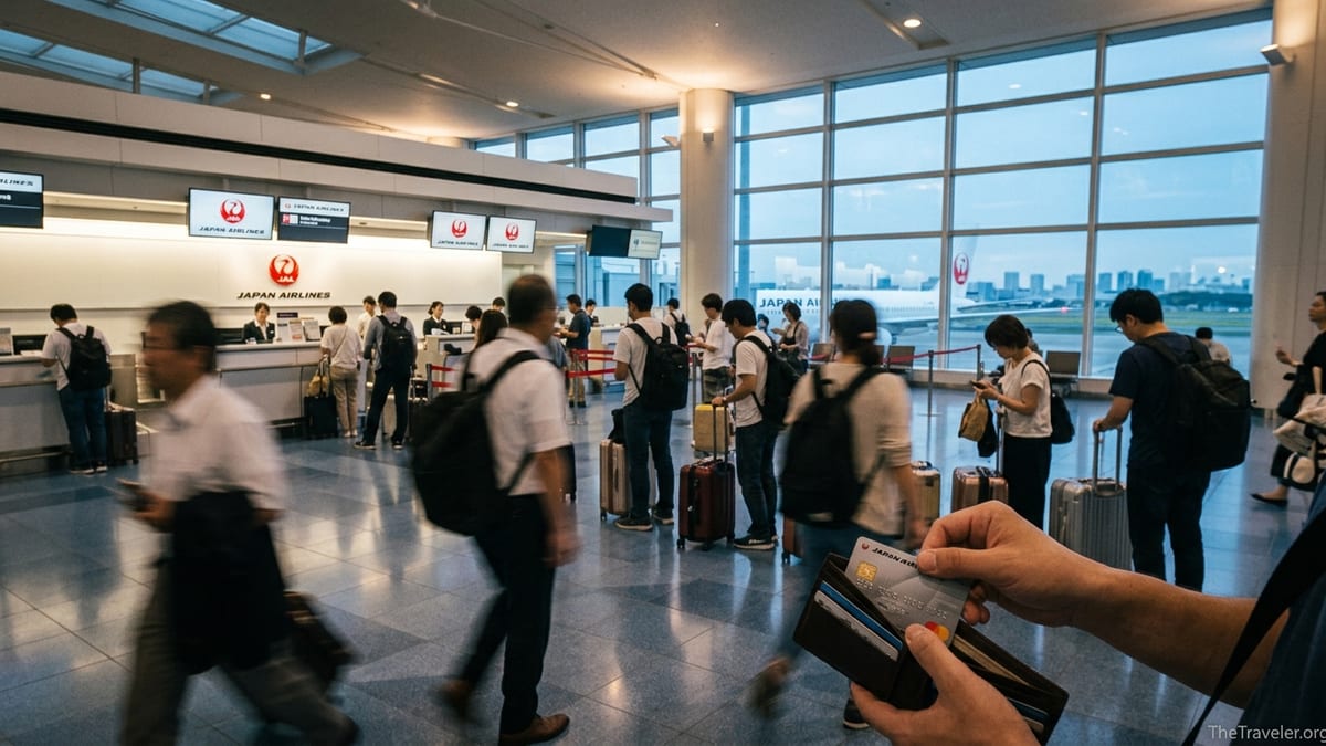 Traveler holding a credit card at a JAL check-in area in Haneda Airport.