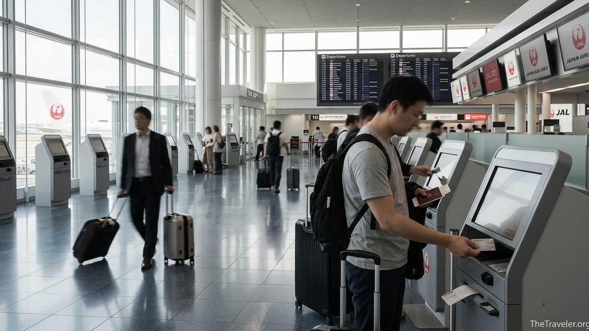 Traveler using a JAL credit card at a self check-in kiosk in a Tokyo airport terminal.