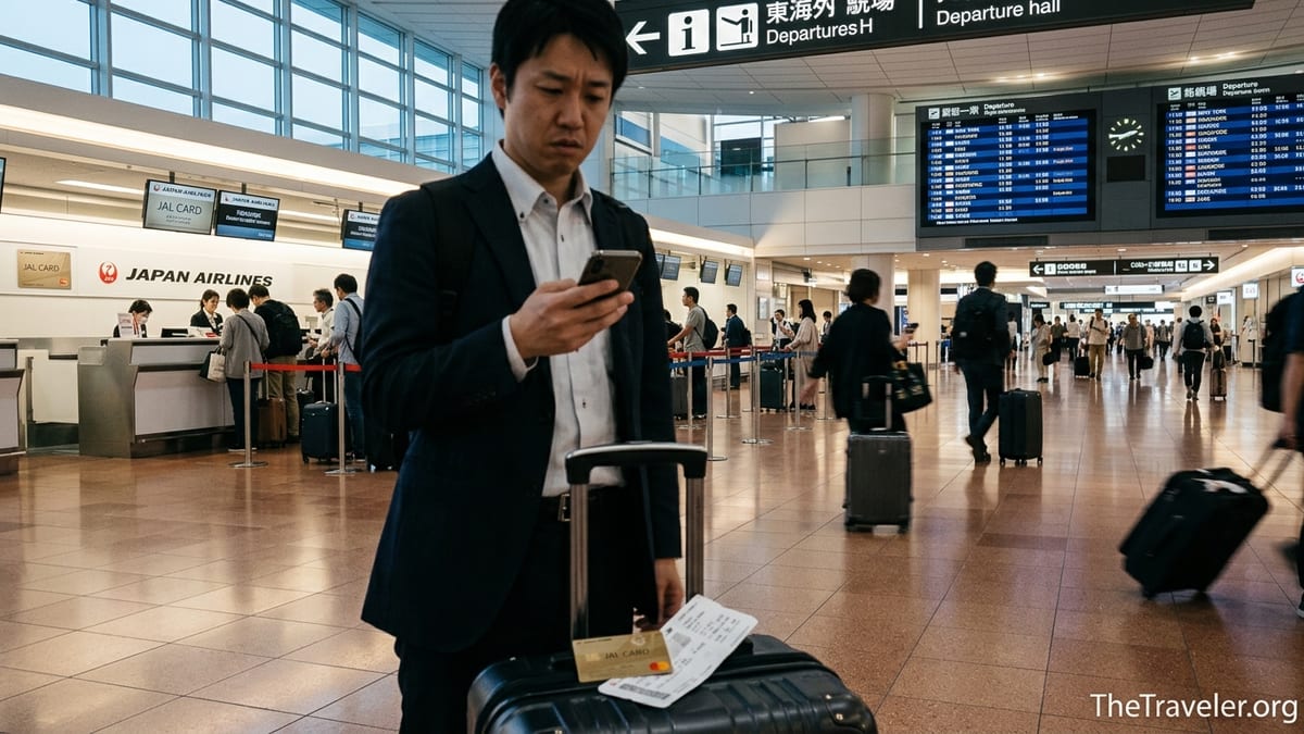 Traveler at Haneda Airport looking worriedly at phone near JAL check-in with JAL Card visible on suitcase handle.
