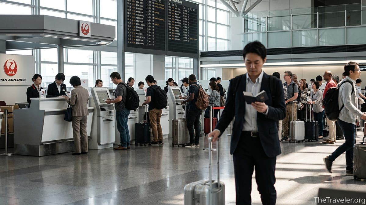 Traveler holding a JAL credit card and carry-on walking through Japan Airlines check-in area.