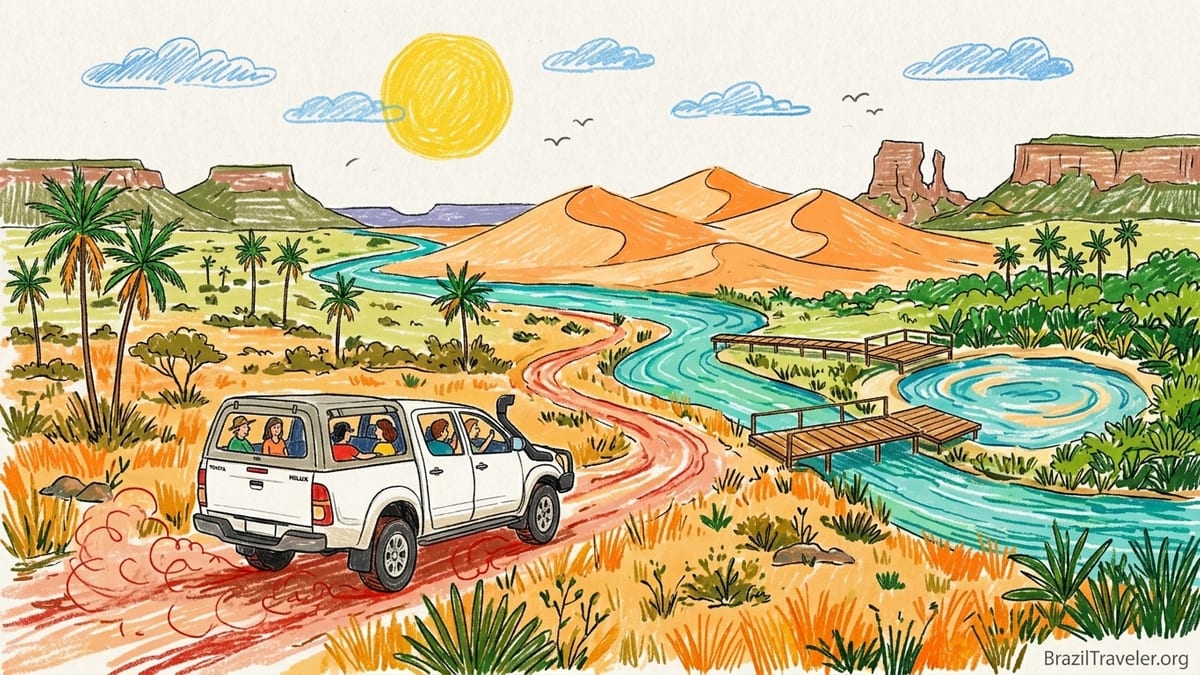 4x4 expedition vehicle on dusty red road toward Jalapão dunes in Brazil