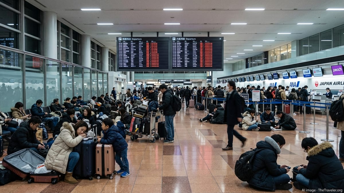 Crowded Haneda Airport terminal with stranded passengers under departure boards showing delays.