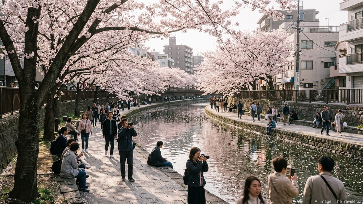 Crowds walk under blooming cherry trees along a Tokyo river during spring.