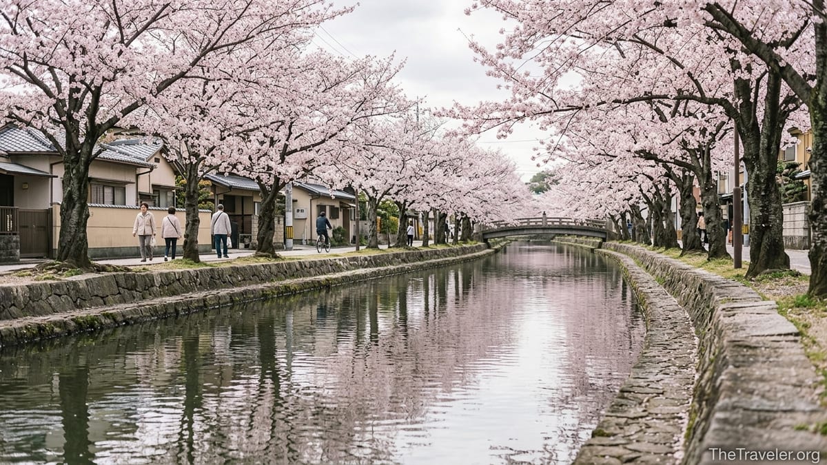 Riverside path in Japan lined with cherry trees in full bloom reflected in calm canal water.