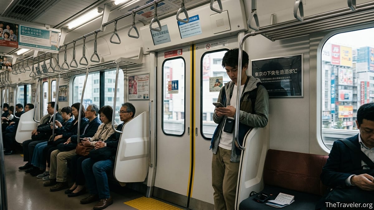 Tourist on a Tokyo train checking a smartphone with a pocket WiFi device nearby.