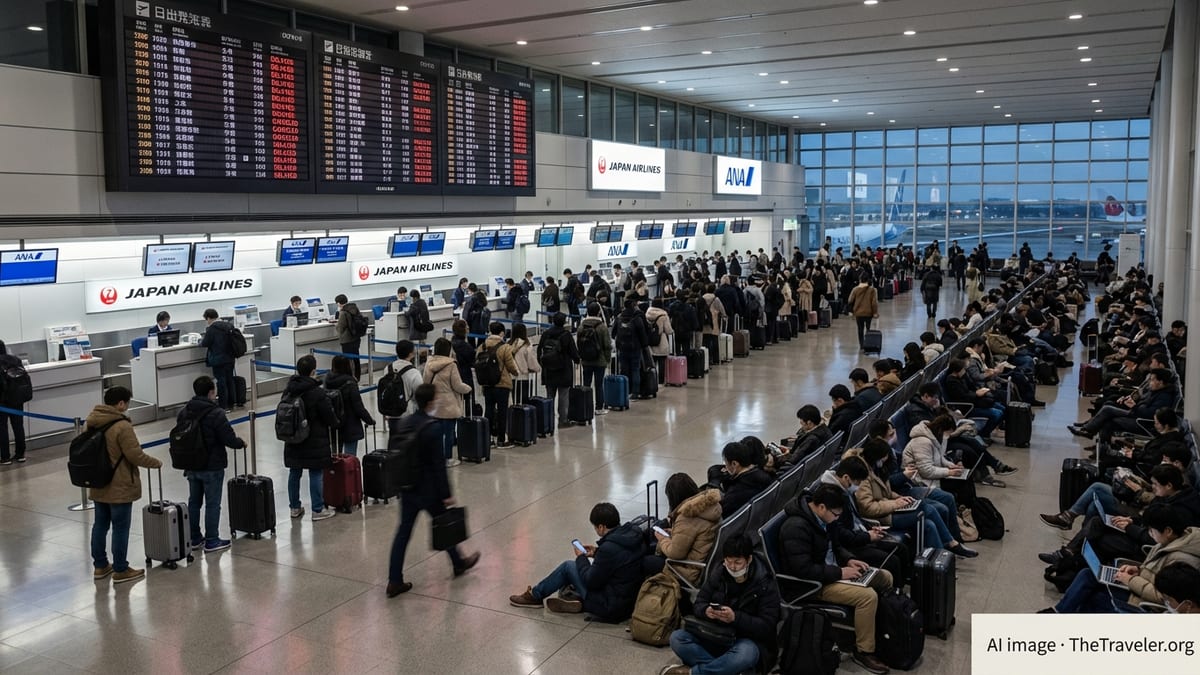 Crowded Japanese airport terminal with stranded passengers queuing under boards showing delayed and canceled flights.