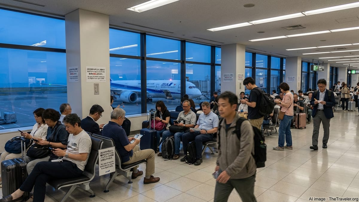 Travelers at a Japanese airport gate with signs about new power bank rules for flights.