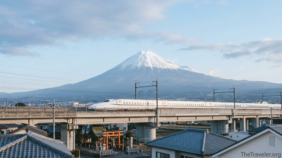 Shinkansen passing before Mount Fuji with rooftops and shrine in foreground