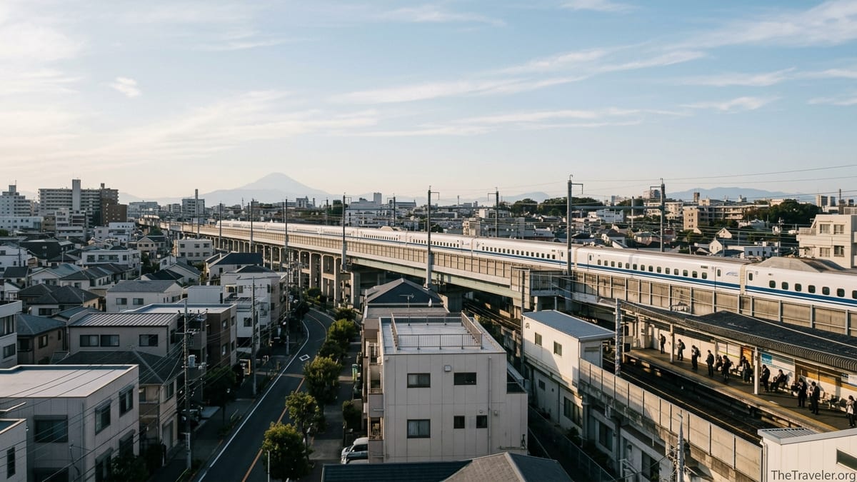 Shinkansen train crossing Tokyo with Mount Fuji in the distant background.