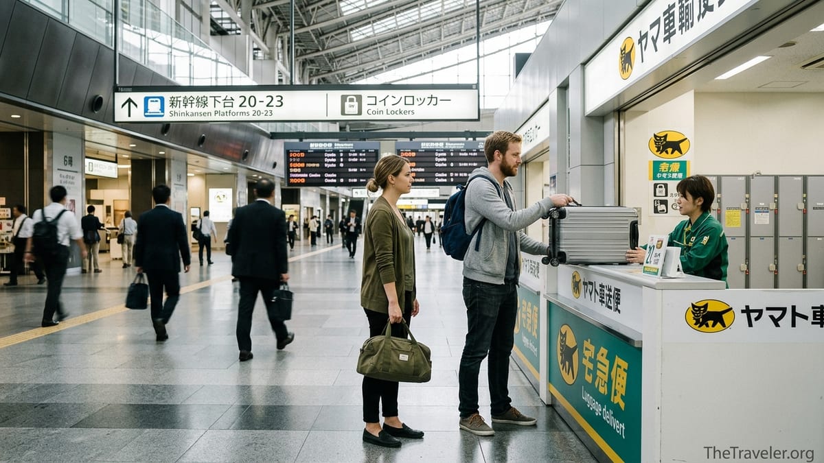 Travelers handing a suitcase to a luggage delivery counter in Tokyo Station.