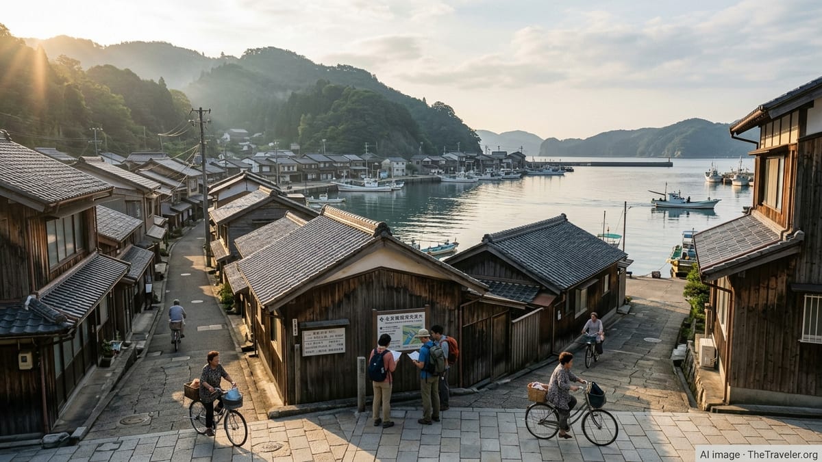 Small Japanese coastal town at sunrise with a few tourists and locals near a quiet harbor.