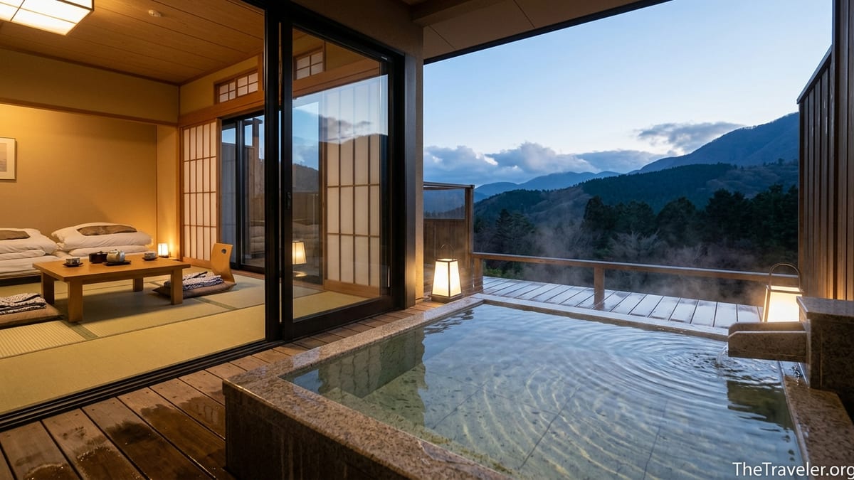 Tatami ryokan room opening onto a steaming private open air onsen with mountain views at dusk.
