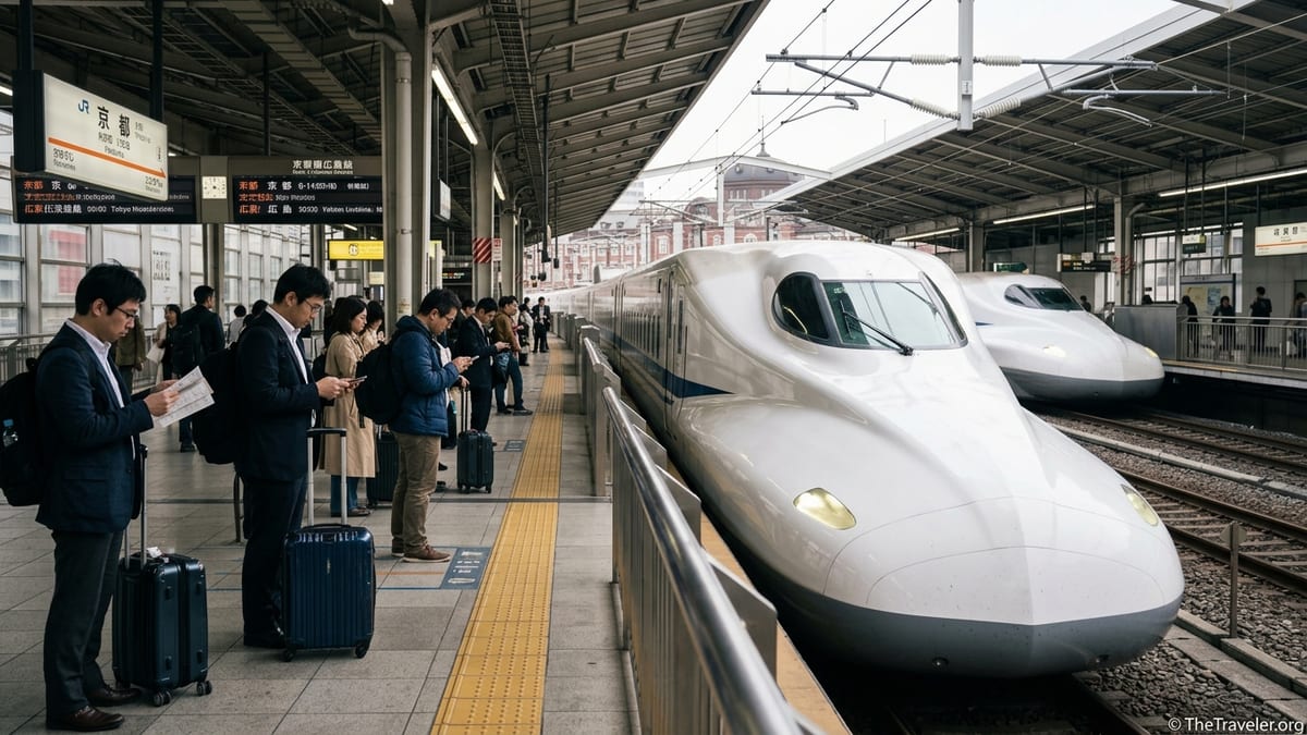 Travelers with luggage waiting beside a Shinkansen train at Tokyo Station platform in daytime.
