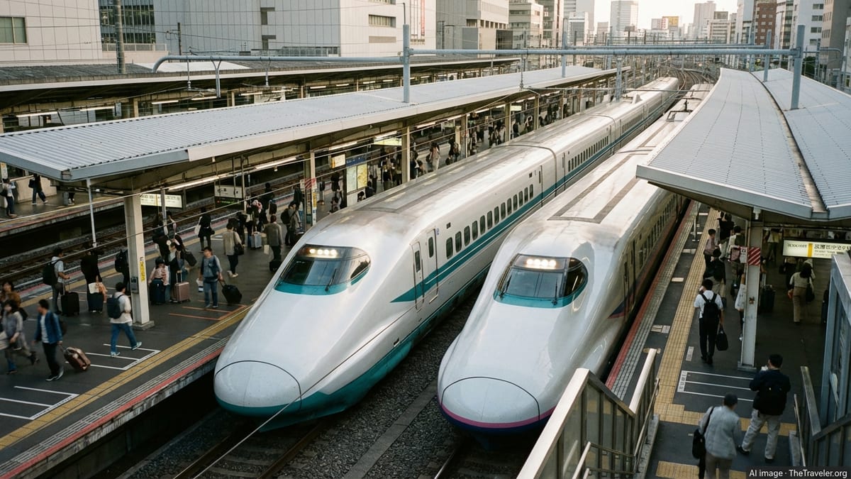 Shinkansen bullet trains at Tokyo Station platforms with passengers boarding
