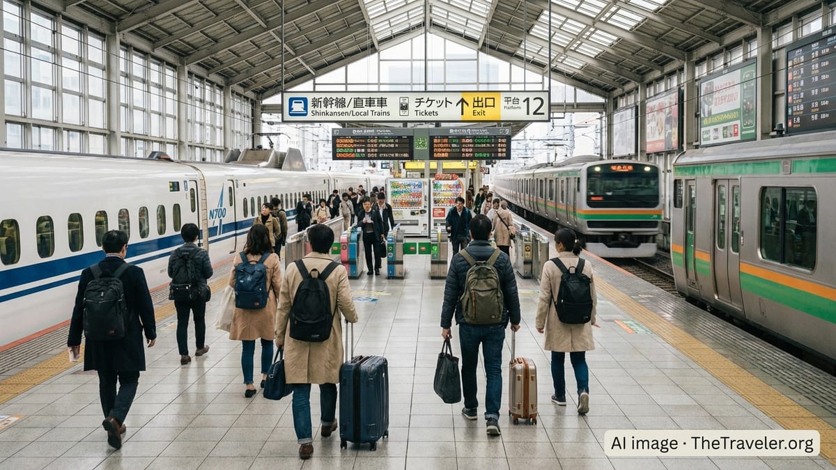 Crowded Japanese station platform with Shinkansen and local train, travelers using IC cards and carrying luggage.