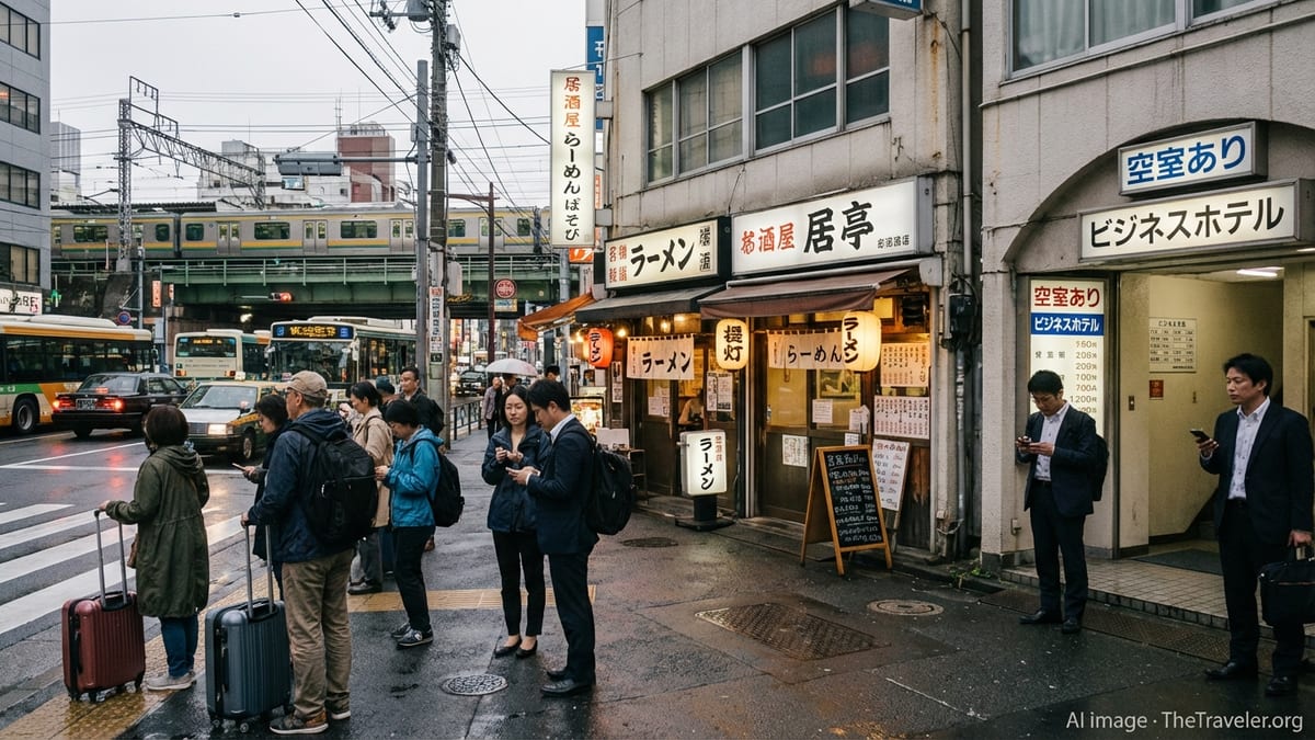 Travelers crossing a busy Tokyo street lined with small restaurants and a business hotel at dusk.