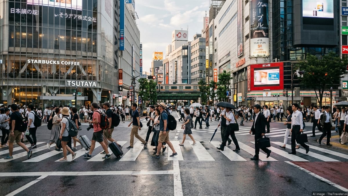 Busy Tokyo crosswalk with travelers and locals in soft afternoon light.