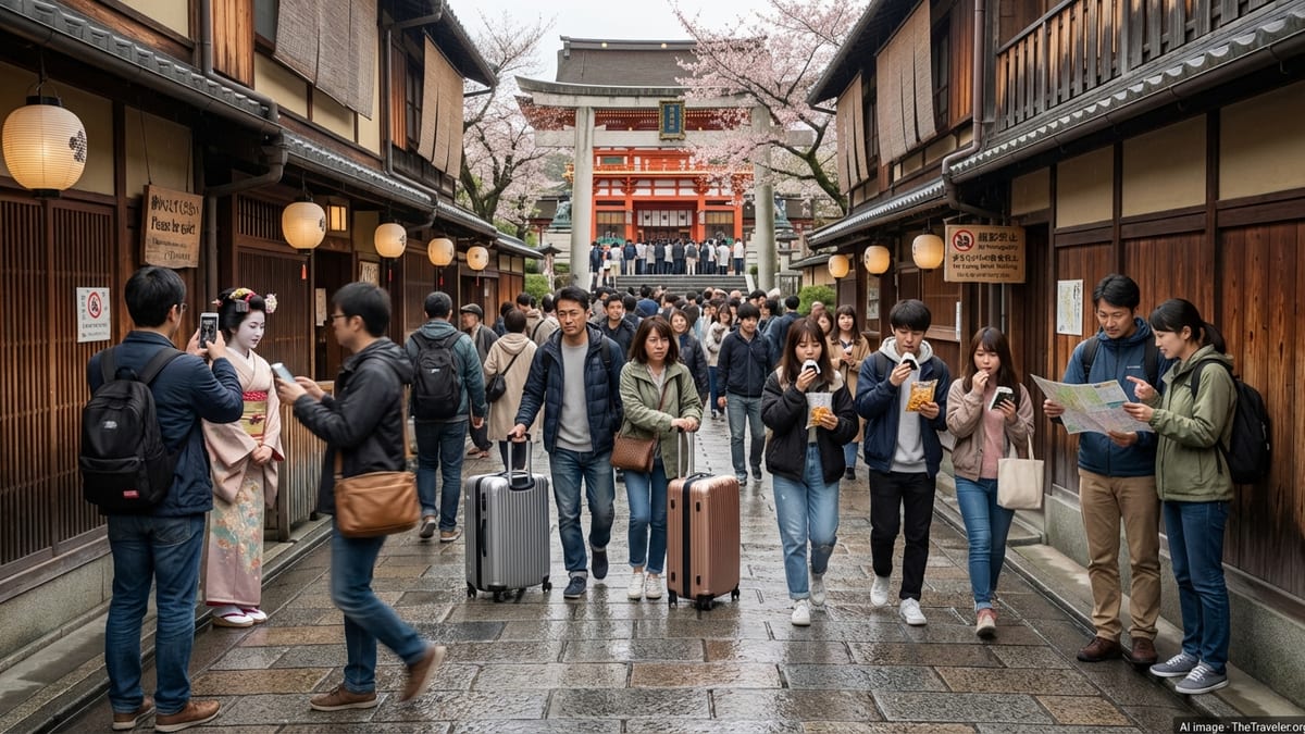 Crowded traditional street in Japan with tourists and locals navigating etiquette near a shrine gate.