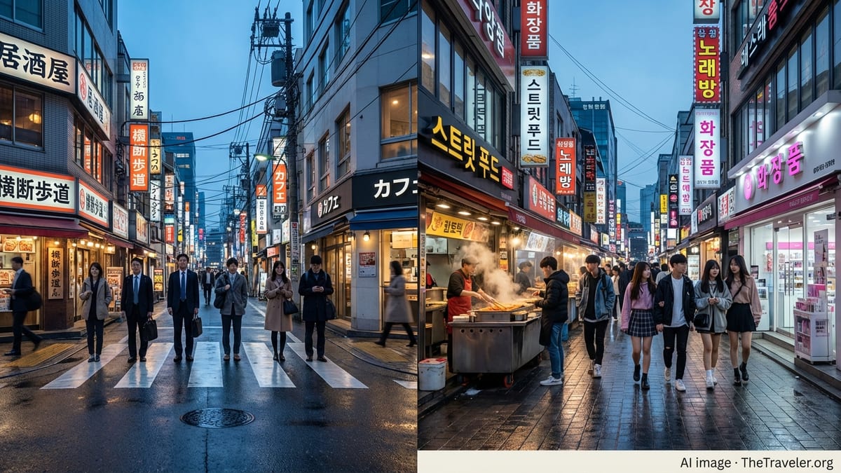 Evening street scenes of Tokyo and Seoul side by side, capturing neon signs and crowds in both cities.