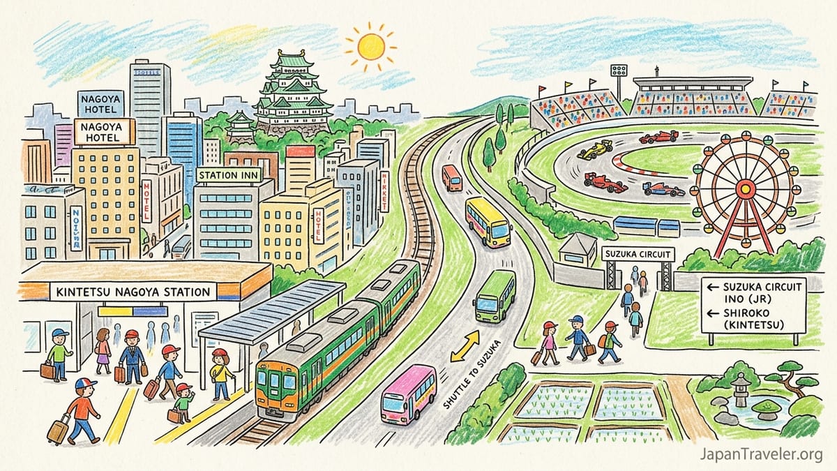Crowds of Formula 1 fans walking from shuttle buses toward Suzuka Circuit on race weekend in Japan.