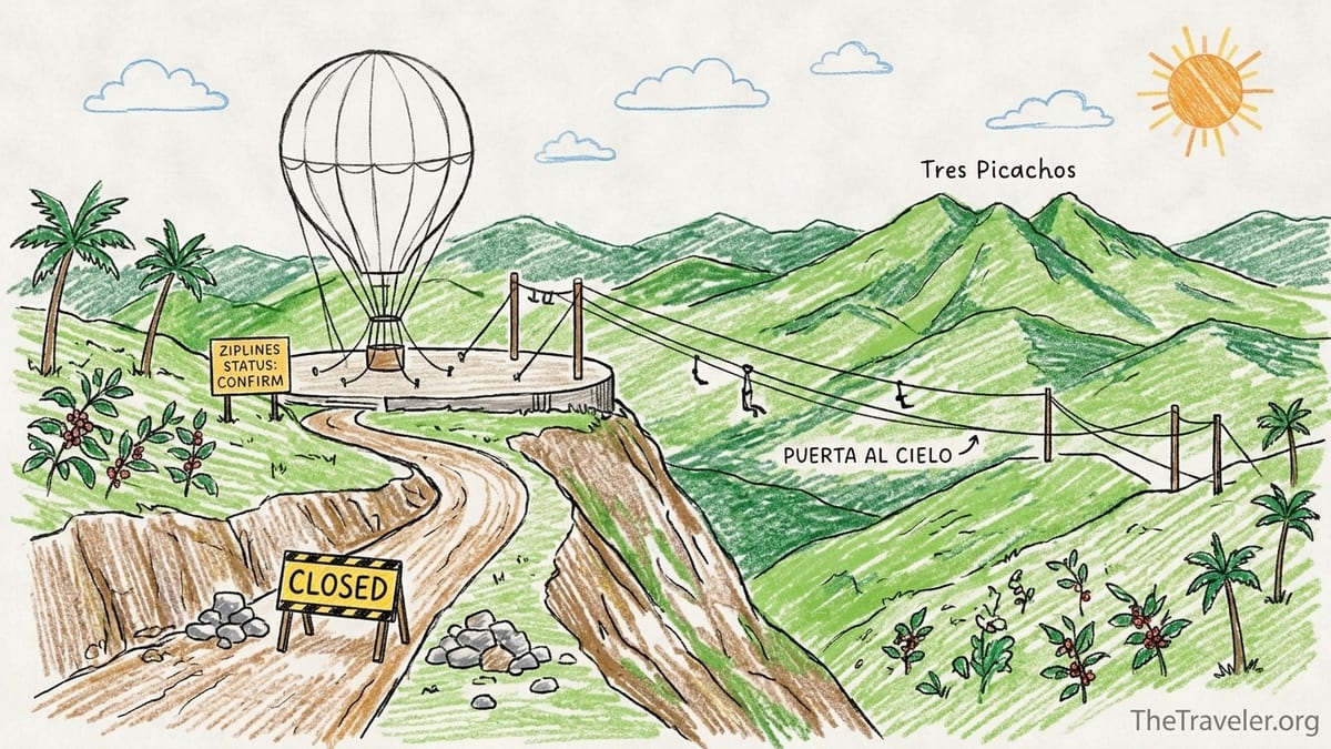 Tethered aerostatic balloon and mountain ziplines above the green hills of Jayuya, Puerto Rico